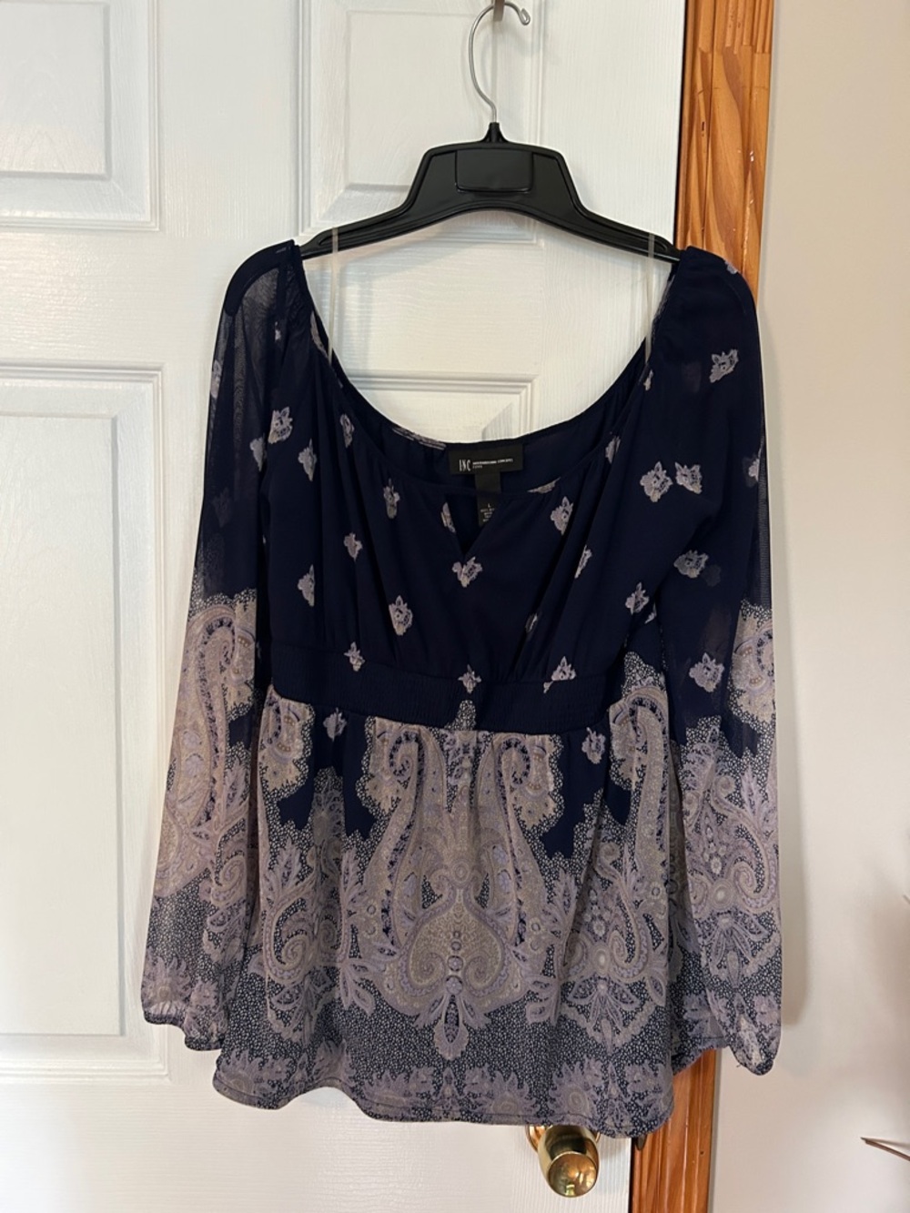 INC International Concepts Navy Blouse with Light Lavender Paisley
